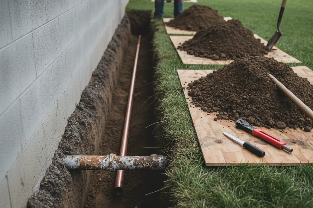 Excavated water line trench during Sewer Line Repair in Richmond Dale